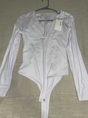 Reformation White Long Sleeve V-Neck Bodysuit